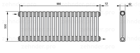 Схема (чертеж) Радиатор Zehnder Charleston 2050/21 №1670 Белый глянцевый RAL 9016